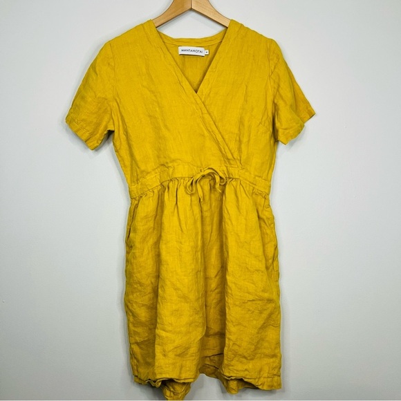 MANTAIKOTAI mustard linen dress short mustard Yellow Wrap Dress size medium - Picture 1 of 4